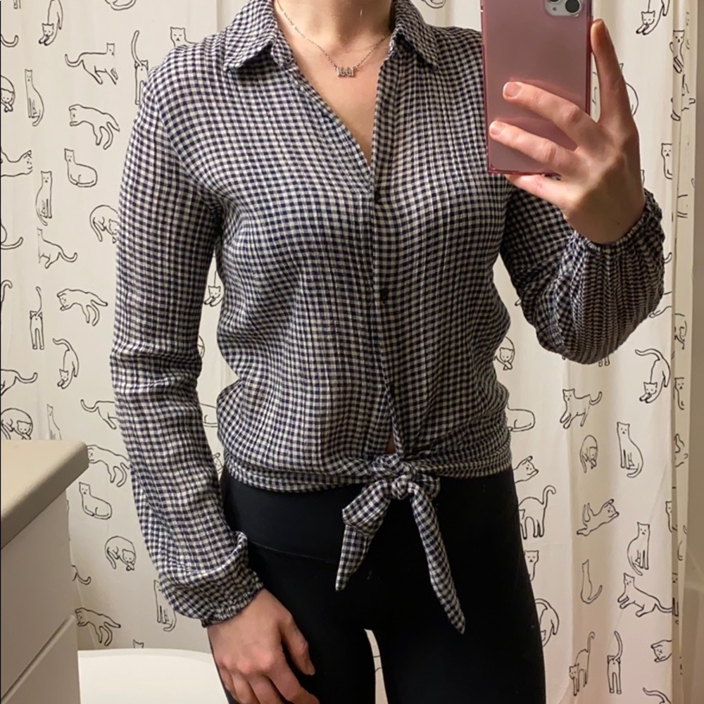 Lauren Conrad • Checkered Tie Front Cotton & Rayon Blouse